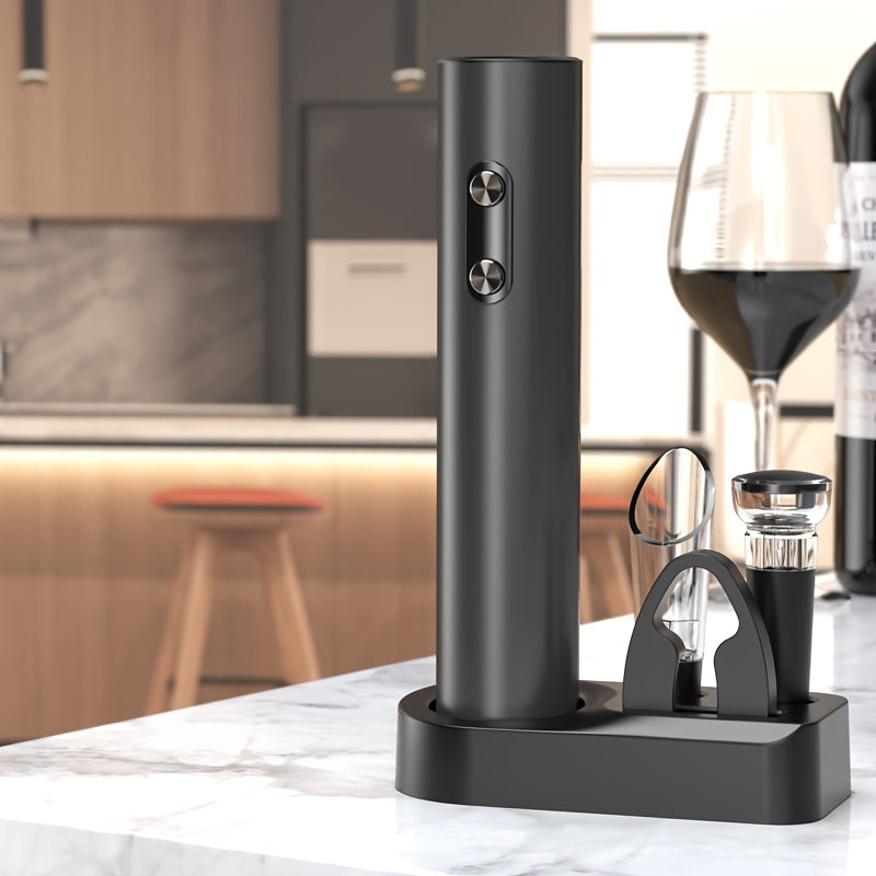 Juego de Abrebotellas Eléctrico Automático de 5 Piezas, Cortador de Papel Aluminio, Tapones y Base de Almacenamiento - Funciona con Batería Seca, Requiere 4 Pilas AAA (No Incluidas) - Corcho para Mantenimiento del Vacío Fresco, Vertedor, Juego de Vajilla