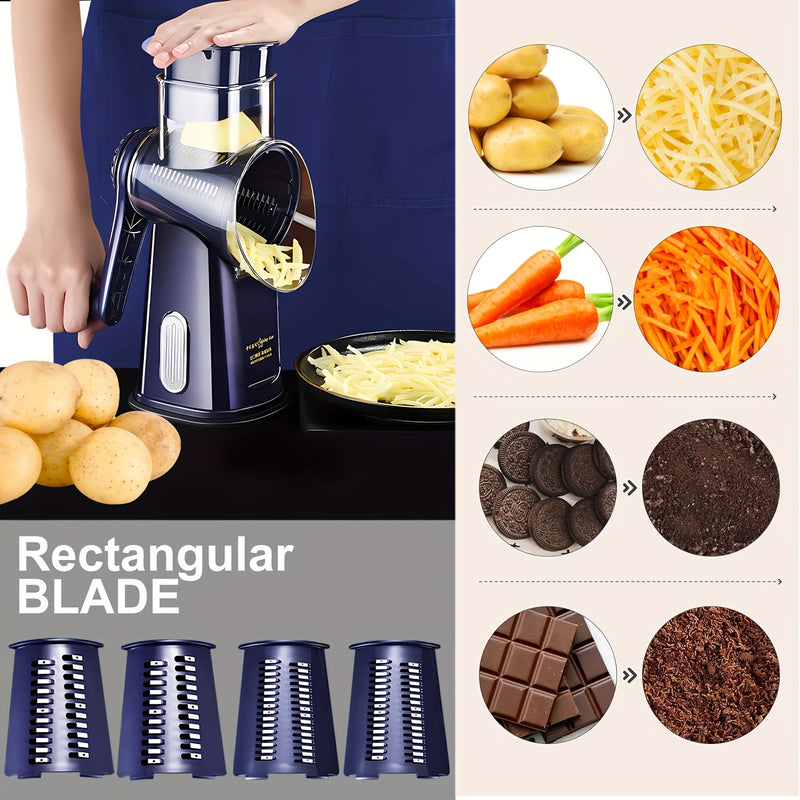 5 en 1, rallador de queso y cuchilla de verduras con mano de viento, cuchillas intercambiables de acero inoxidable, base de succión fuerte, fácil de limpiar, regalo ideal para la cocina, azul marino