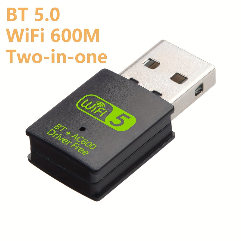 Adaptador BT5.0+WiFi 600m, Adaptador sin varillas/WiFi, Tarjeta WiFi Dual-Band de 600m, Combinación WiFi + Inalámbrica, Conexión Simultánea Rápida para Ratón, Teclado y Auriculares – Sin Interferencias ni Conflictos, Plug & Play, Sin Controladores Necesa