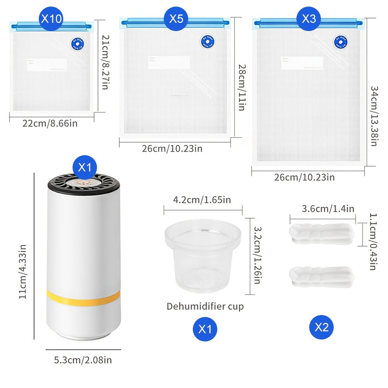 22P/7P Máquina de aspiración eléctrica inalámbrica + 19 piezas de bolsas de sellado de vacío reforzadas (Grande/Mediana/Pequeña) + 1 taza deshumidificadora + 2 clips de sellado | Modo de extracción seco y húmedo de un solo botón | Artefacto de conservaci