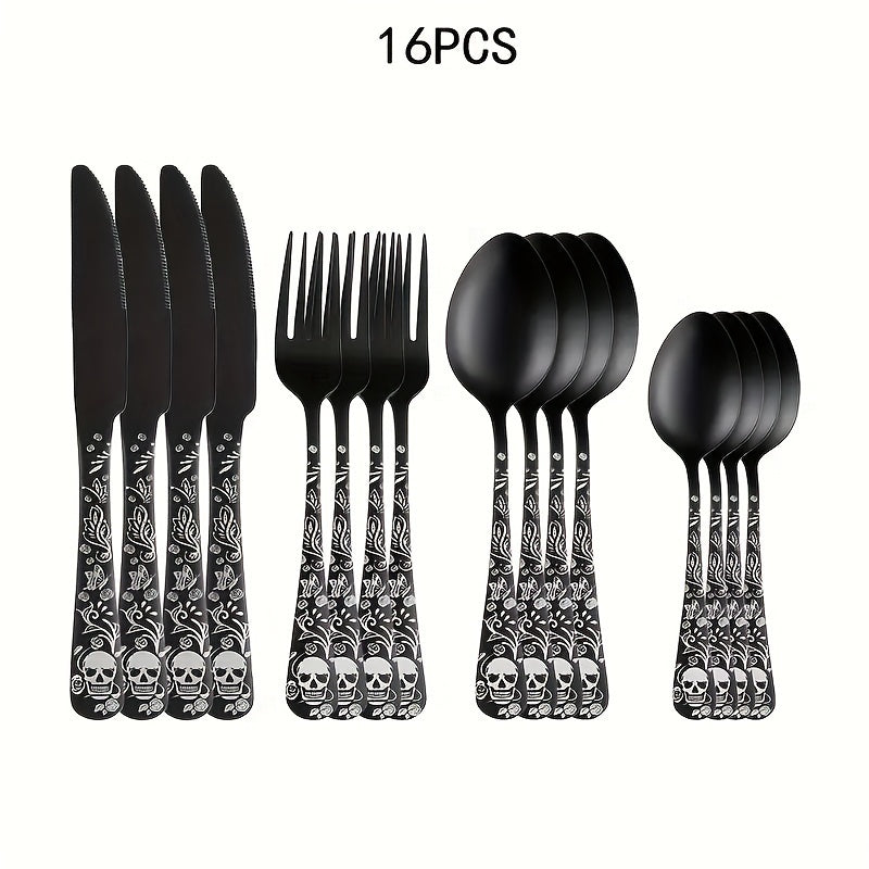 Juego de cubiertos de acero inoxidable con diseño gótico de calavera y rosa, 4/16/24 piezas, cuchara, tenedor, cuchillo, pulido espejo, ideal para regalos de Halloween, Navidad, Pascua y Hanukkah
