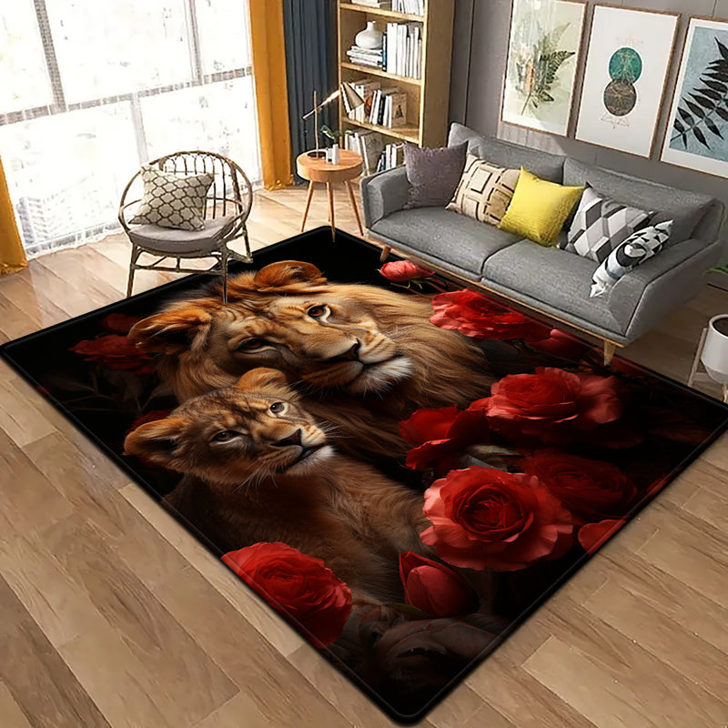 Tapete cuadrado con diseño de pareja de rosa y león romántico - Felpa suave, resistente al desgaste, decoración para dormitorio y sala de estar