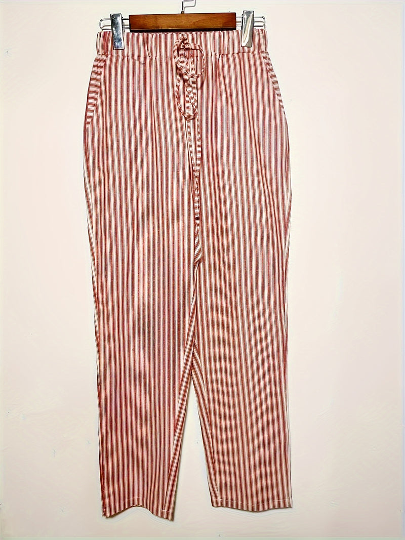 Pantalones Holgados Estampados De Rayas, Pantalones Informales De Cintura Elástica Para El Día A Día, Ropa De Mujer