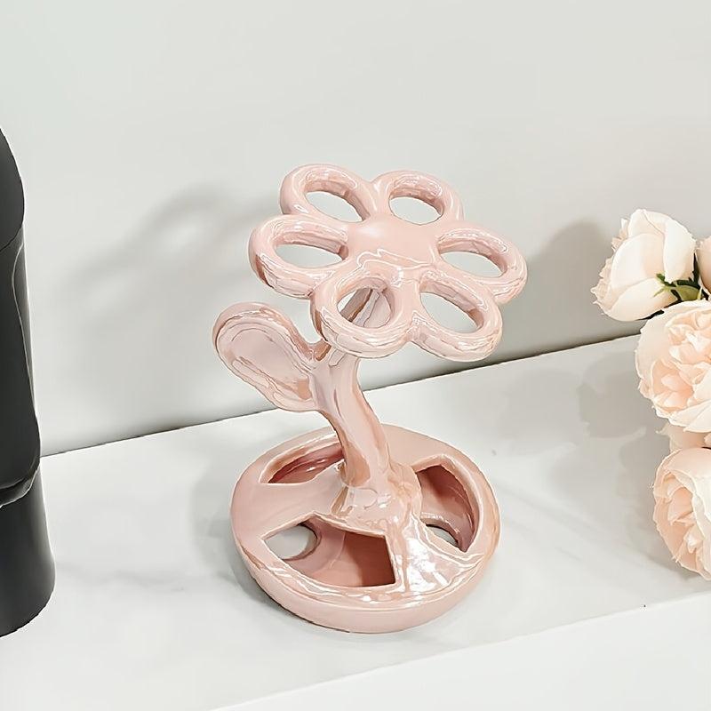 Portacepillos de Cerámica Diseño Original - Organizador de Baño Independiente con Flores en 3 Colores (Rosa, Blanco, ), Almacenamiento Doble para Brochas y Cosméticos, Sin Necesidad de Electricidad, Decoración Elegante y Regalo Festivo