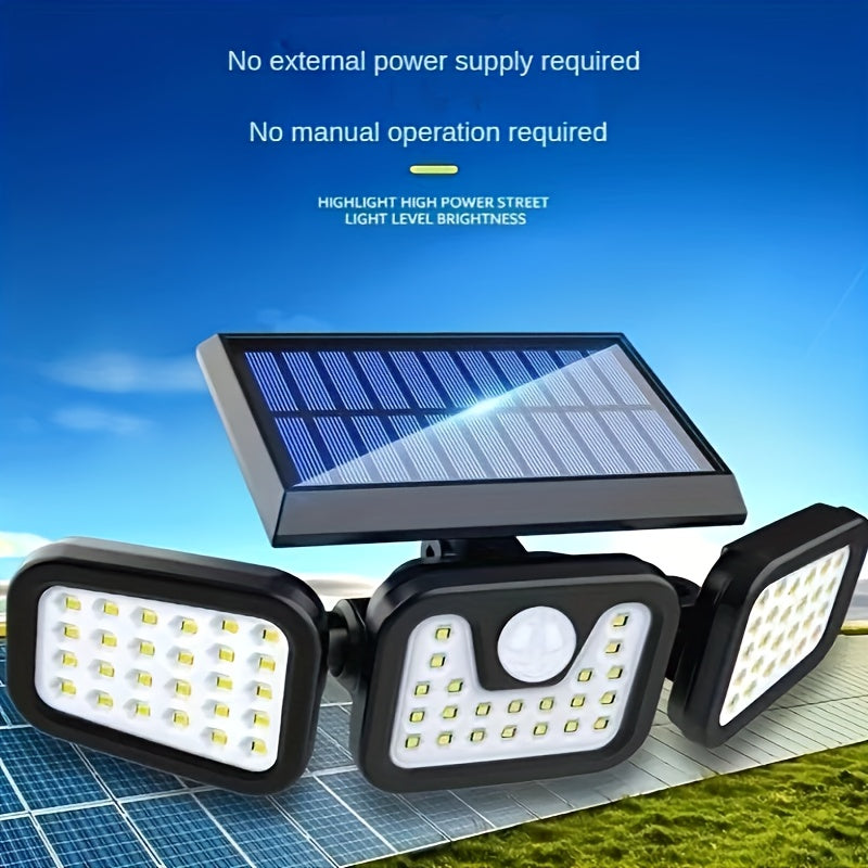 Luz de seguridad solar con sensor de movimiento - 74 LED, luz de inundación exterior, 3 modos, impermeable, adecuada para la puerta principal, patio, garaje, sendero, camino, jardín y patio, alimentada por energía solar y ahorro de energía, cuerpo de plá