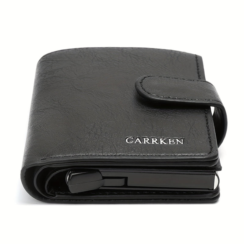 Cartera de Cuero PU Negra para Hombre CarrKen - Estilo Elegante de Negocios con Cierre Seguro a Presión, Gran Capacidad y Múltiples Ranuras para Tarjetas - Regalo Ideal para el Profesional Moderno