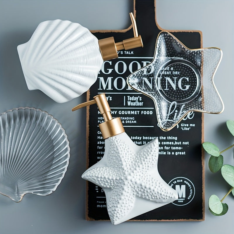 1 Dispensador De Loción De Cerámica Con Forma De Estrella De Mar, Dispensador De Jabón En Forma De Concha, Botella De Loción De Cerámica Blanca Con Bomba Dorada Mate, Dispensador De Jabón De Manos, Decoración Del Hogar Para Baño Y Cocina