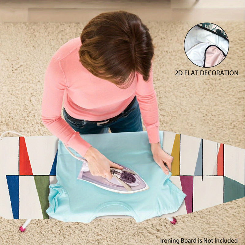 2D Plano, Cubierta de Tablero de Planchar 2D Plano - Lavable, Fácil de Instalar, Se Ajusta a la Mayoría de Tamaños Estándar, Patrón Geométrico Vibrante en Azul, Verde, Amarillo, Rosa y Beige, Ideal para Decoración del Hogar (No Incluye Tablero de Plancha