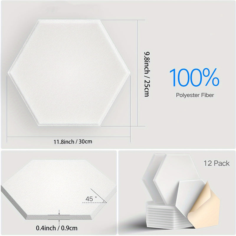 Paquete de 12 paneles de espuma acústica autoadhesivos, 12" x 10" x 0,4", alta densidad 154 kg/m³, diseño hexagonal de moda, paneles decorativos absorbentes de ruido para hogar y estudio, paneles de espuma acústica, tratamiento acústico de habitaciones,