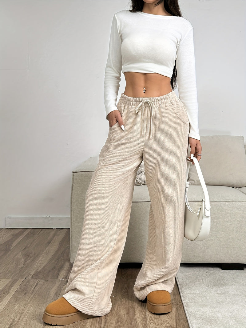 Botas Anchas de Pana Beis para Mujer - Pantalones Casuales con Cintura Elástica, 100% Poliéster Lavables en Máquina para Otoño/Invierno, Color Sólido Sin Estirar y Cómodos