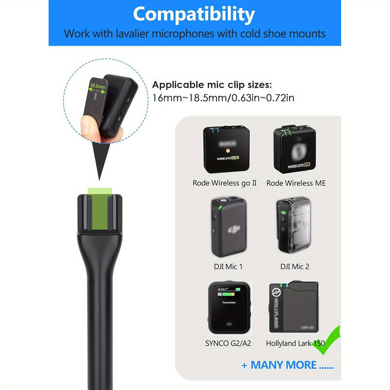 Manillar Profesional para Micrófono con Lavalier, Compatible con RODE Wireless GO/GO Transmisor & DJI Mic - Construcción Robusta, Compatible con RODE ME/Pro y DJI Microphone 1/2, Incluye Pantalla Antiviento de Espuma y Bandera para Podcasting, Streaming,