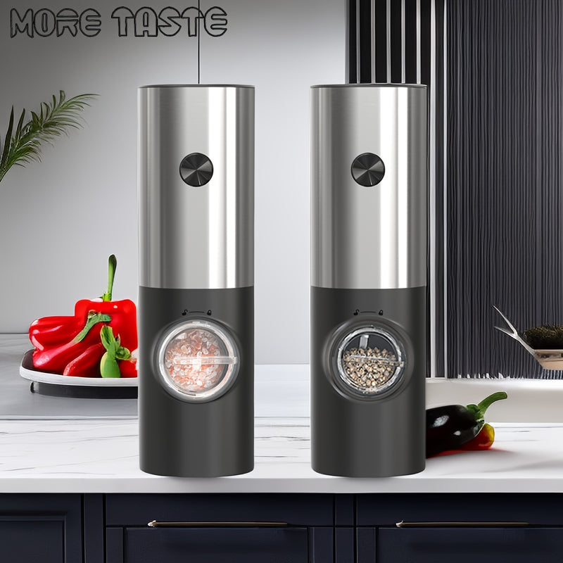SET DE MOLINILLOS ELÉCTRICOS PARA SAL Y PIMIENTA MORE TASTE 2 piezas, Saleros y Pimenteros Recargables con Grano Ajustable, Operación con Una Mano y Luz LED, Acero Inoxidable