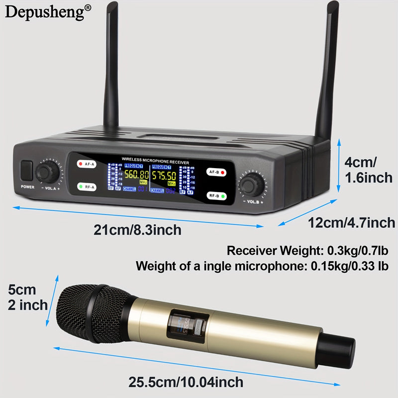 Micrófono inalámbrico profesional DEPUSHENG de dos canales portátil con pantalla digital, conector de 6,35 mm, indicador de batería y control de volumen - para reuniones, escenarios, actuaciones, KTV familiar, micrófono para computadora, equipo de audio