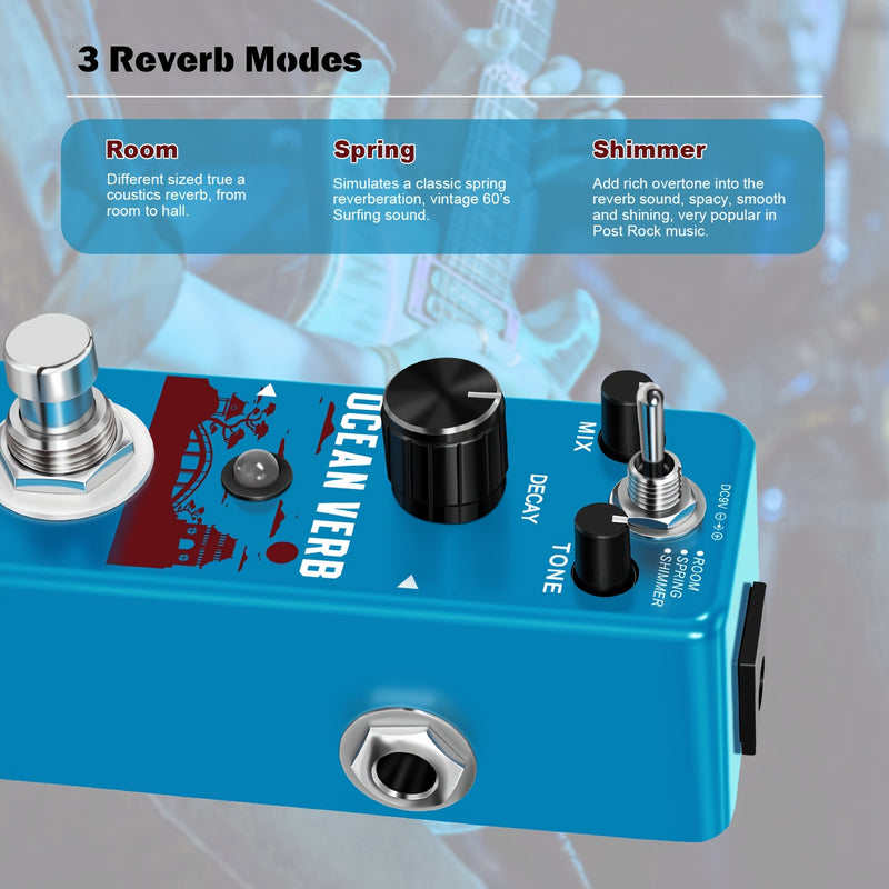 Pedal de reverberación para guitarra, pedal de efectos digital Ocean Verb con 3 modos: sala, resorte y brillo, para guitarra eléctrica y bajo, tamaño mini, bypass verdadero