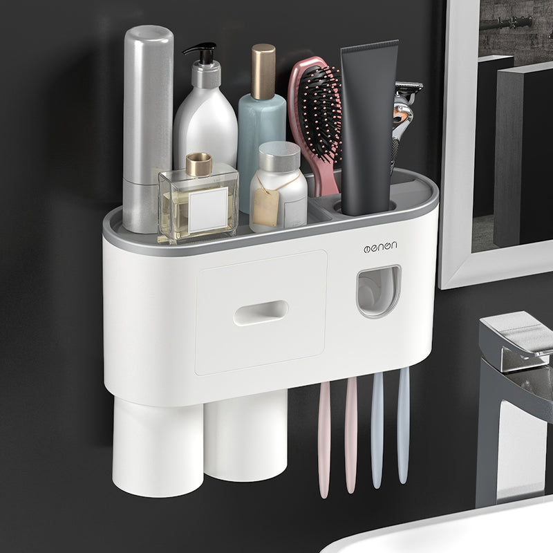Juego de portacepillos de pared fácil de instalar con dispensadores automáticos de pasta dental, tazas magnéticas y ganchos - No requiere perforación