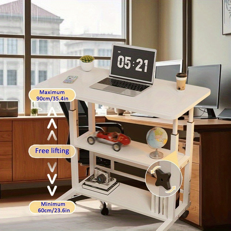 Escritorio y estantería de computadora de doble asiento, MDF con marco de acero, con ruedas univer, acabado blanco y madera - Ideal para trabajo en oficina en dormitorios y salas de estar, almacenamiento de computadora