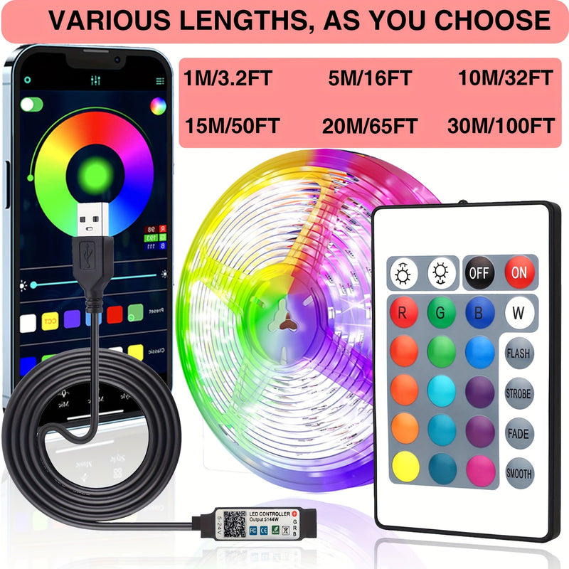 Tira de luces LED para habitación, 91.44-3048.0 cm con control por APP y control remoto IR de 24 teclas, múltiples modos dinámicos y funciones DIY, fácil de instalar, longitud ajustable, ideal para decoración de fiestas en casa, iluminación de escenario