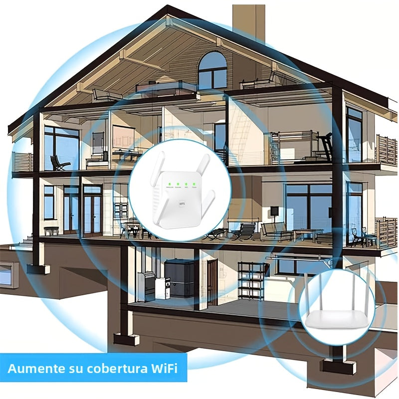 Amplificador de WiFi que Refuerza la Señal hasta 5000 pies cuadrados, Soporta Más de 55 Dispositivos, Repetidor de Internet Inalámbrico con Puerto Ethernet, Amplificador de Largo Alcance, Configuración Fácil con 1 Tecla, Punto de Acceso Compatible con Al
