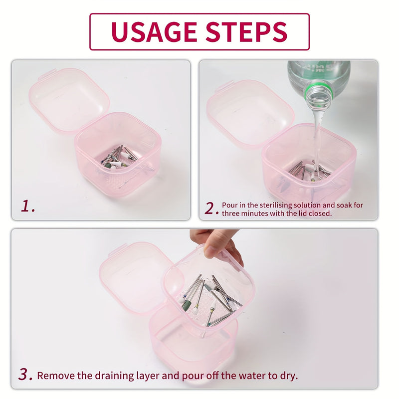 Una caja de esterilización para brocas de perforación de uñas con capa de filtro, bandeja de esterilización de inmersión para herramientas de manicura y contenedor de limpieza diseñado para salones de belleza profesionales.