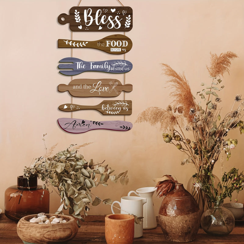Decoración de Pared para Cocina Campestre "Bendice Nuestra Comida", 6 piezas en 2D Plano, Arte Divertido con Patrón de Restaurante, Pintura Colgante de Madera Retro, Adecuada para la Decoración del Salón de Comedor al Estilo Campo