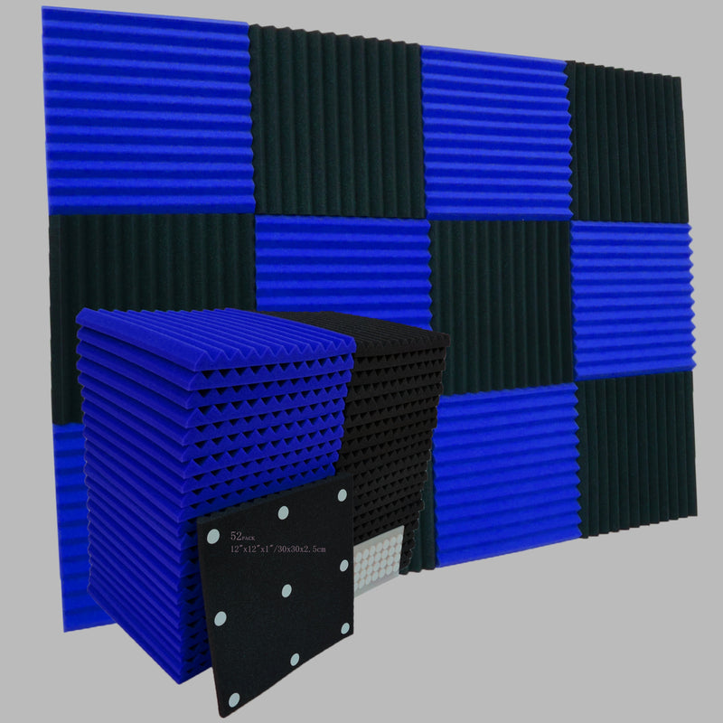 52 piezas de paneles de espuma acústica de alta densidad - 30,48 cm x 30,48 cm x 2,54 cm Negro y Azul, adhesivo Nanoglue para estudio y teatro en casa insonorización, materiales de insonorización | paneles de espuma decorativos | paneles de instalación f