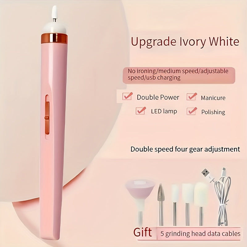 Broca Portátil para Uñas con 5 Accesorios, Recargable USB y Luz LED, Velocidad Ajustable, Ideal para Manicura y Cuidado de Uñas
