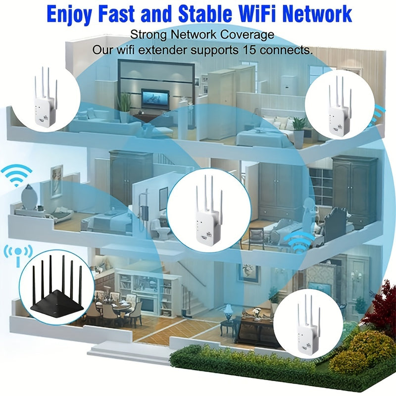 Amplificador de WiFi, repetidor de rango de WiFi, cableado a inalámbrico WiFi, admite múltiples dispositivos, fácil configuración, 4 antenas para cobertura amplia, puerto Ethernet compatible, tablero de circuitos mejorado, más duradero, adecuado para uso
