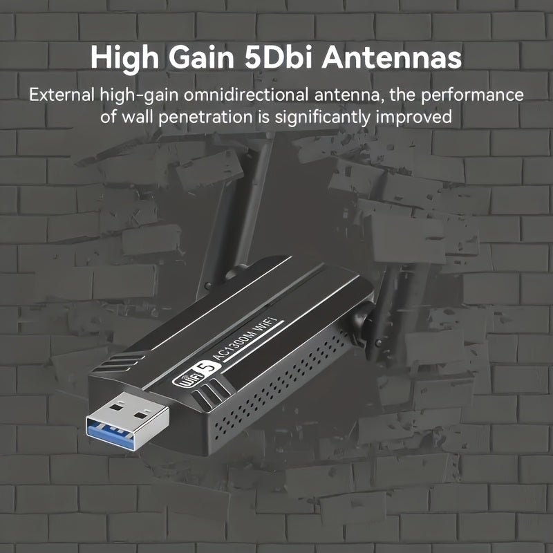 Adaptador de Red Inalámbrica USB 3.0 Dual-Band, Tarjeta WiFi para PC con Antena Integrada de Alta Ganancia de 1300Mbps – Plug & Play en Windows 10/11, ¡Activa Instantáneamente la Función WiFi y Punto Acceso Móvil!