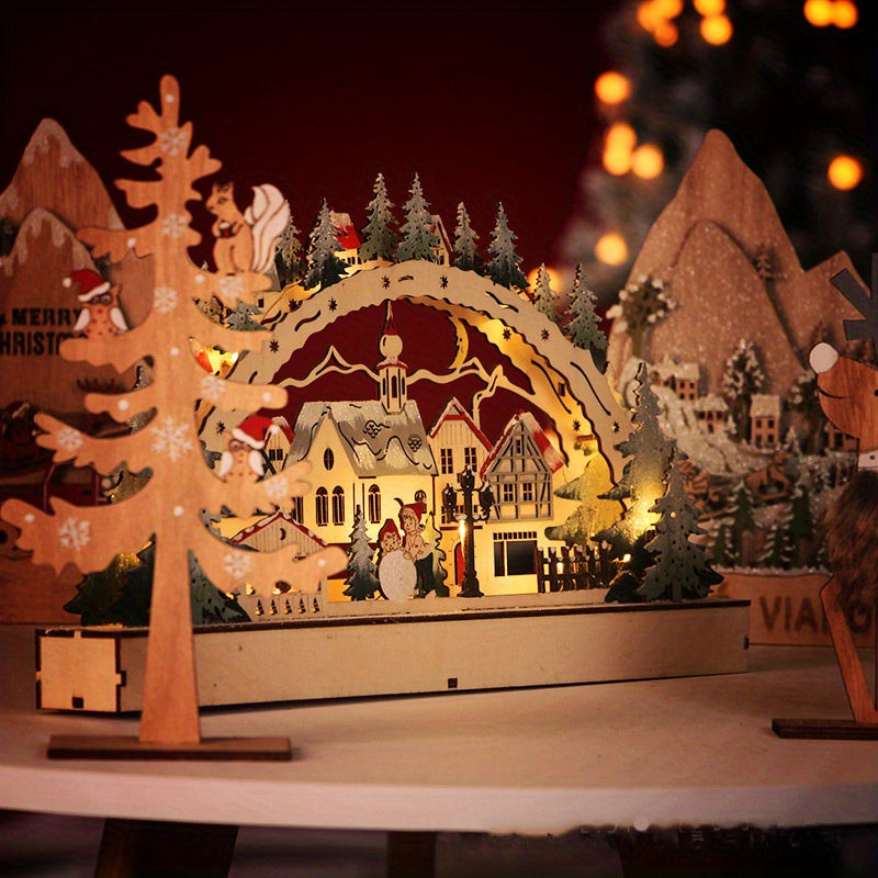 1pc Adornos De Luces LED De Navidad De Madera, Escena De Casa De Pueblo De Madera De Navidad Adorno De Bricolaje Iluminado Con LED, Mesa Rústica De Navidad Decoración De Navidad Centro De Mesa