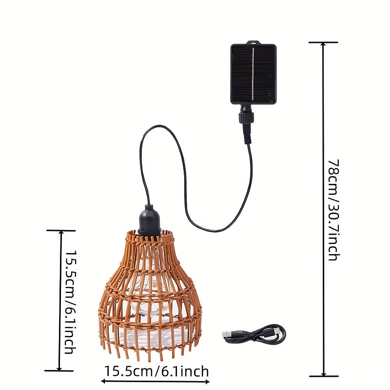 Lámpara de techo de caña de bambú con energía solar - Lámpara colgante de caña de bambú hecha a mano con bombillas LED de bajo consumo, sensor de luz y batería de níquel, montaje semienterrado para isla de cocina, comedor, sala de estar, dormitorio, lámp