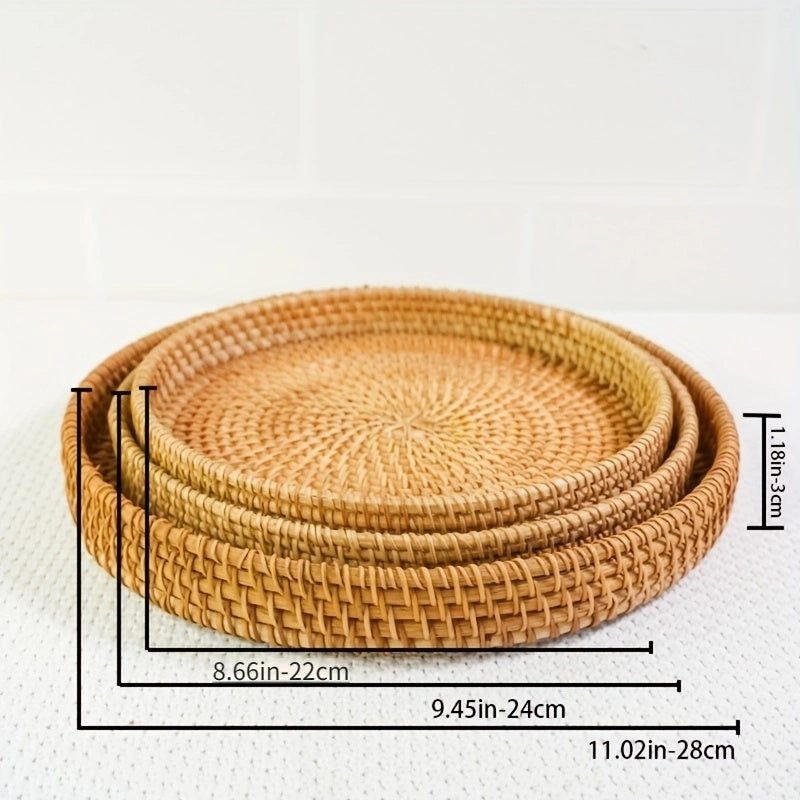 Cesta de frutas tejida a mano de rafia - Bandeja redonda de madera natural con patrón de cuadros, segura para alimentos, decoración de cocina y comedor para Halloween, Navidad, Pascua, Acción de Gracias, Hanukkah, idea de regalo de Acción de Gracias, dec