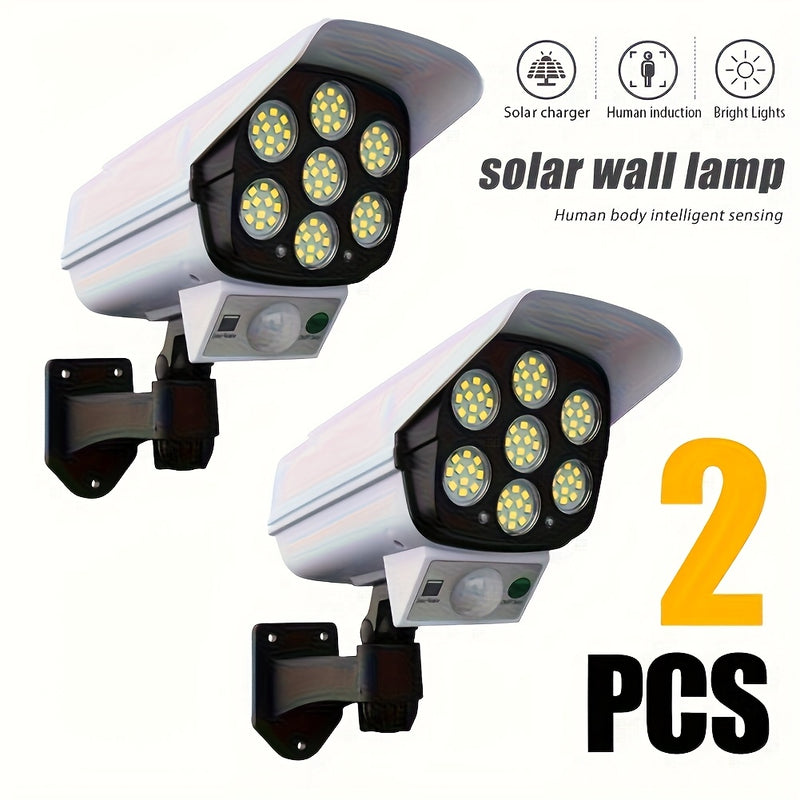 2 piezas de luz blanca 77LED - Luces de vigilancia solar simulada para exteriores, iluminación de emergencia con sensor de movimiento, batería de litio de 1200mAh | Desde el atardecer hasta el amanecer | Con función de sensor de cuerpo humano | No se req