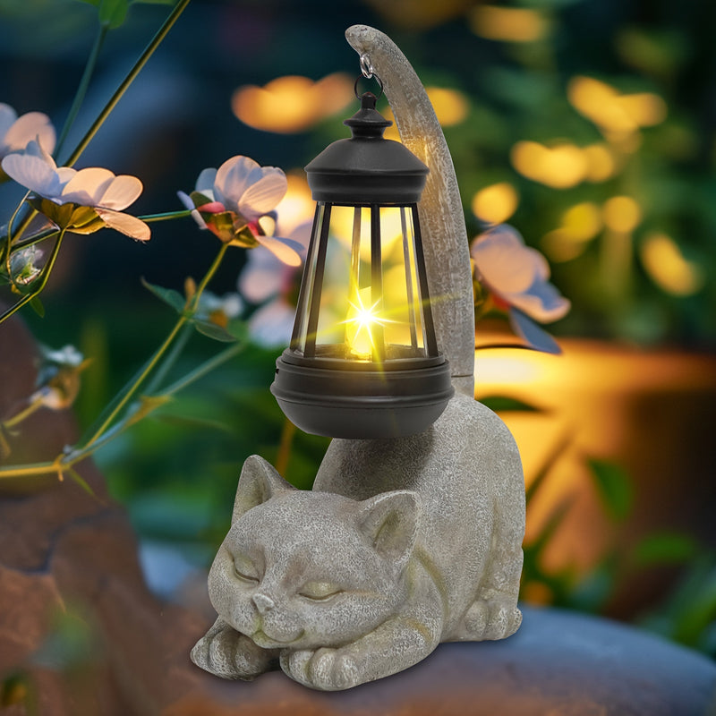 Estatua de Farolillo para Gatos con Energía Solar VOOKRY - Adorable Gatito Durmiendo con Cola Luminosa, Luz Decorativa para Jardín Exterior, Ideal para Patio, Césped o Regalo Festivo, Material Plástico, Batería de 600mAh, Carga Solar