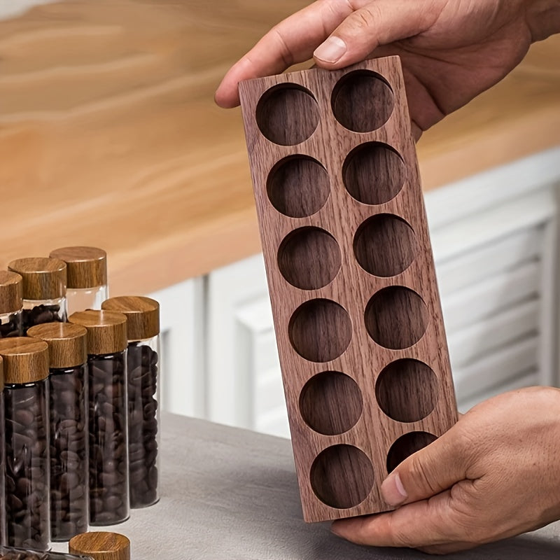Juego de 6/12 Contenedores Multifuncionales, Frascos de Vidrio con Tapas ABS y Bases de Nogal para Café, Semillas, Miel, Especias y Aceites Esenciales - Incluye Soporte Decorativo, Ideal para Cafeterías y Cocina