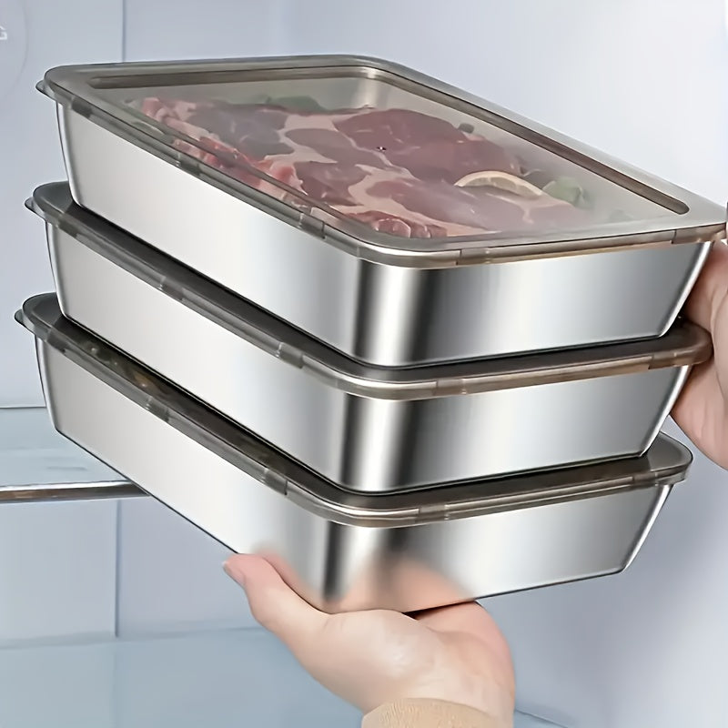 Juego de 3 contenedores de almacenamiento de alimentos de acero inoxidable con tapas negras, aptos para microondas, a prueba de fugas, reutilizables, forma cuadrada, cierre de tapa giratoria, uso múltiple, aptos para contacto con alimentos.