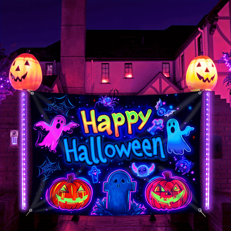 Tapiz Fluorescente Grande de Calabaza y Fantasma de Halloween - Decoración Exterior Reactiva a UV, Fondo de Fiesta Fácil de Colgar, Regalo Festivo Perfecto