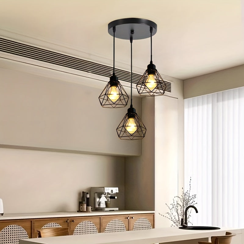 1pc Lámpara Colgante de 3 Luces de Inspiración Industrial, Base E27, Metal Negro con Diseño de Jaula Geométrica - Ideal para Cocina, Comedor, Bar, Iluminación de Dormitorio (Bombillas No Incluidas), Decoración de Cocina