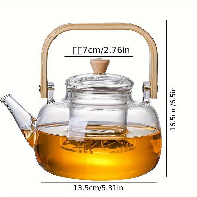 Tetera de vidrio con asa de bambú - Tetera de vidrio de borosilicato transparente de 34 oz con infusor extraíble, tetera de hojas sueltas resistente al calor