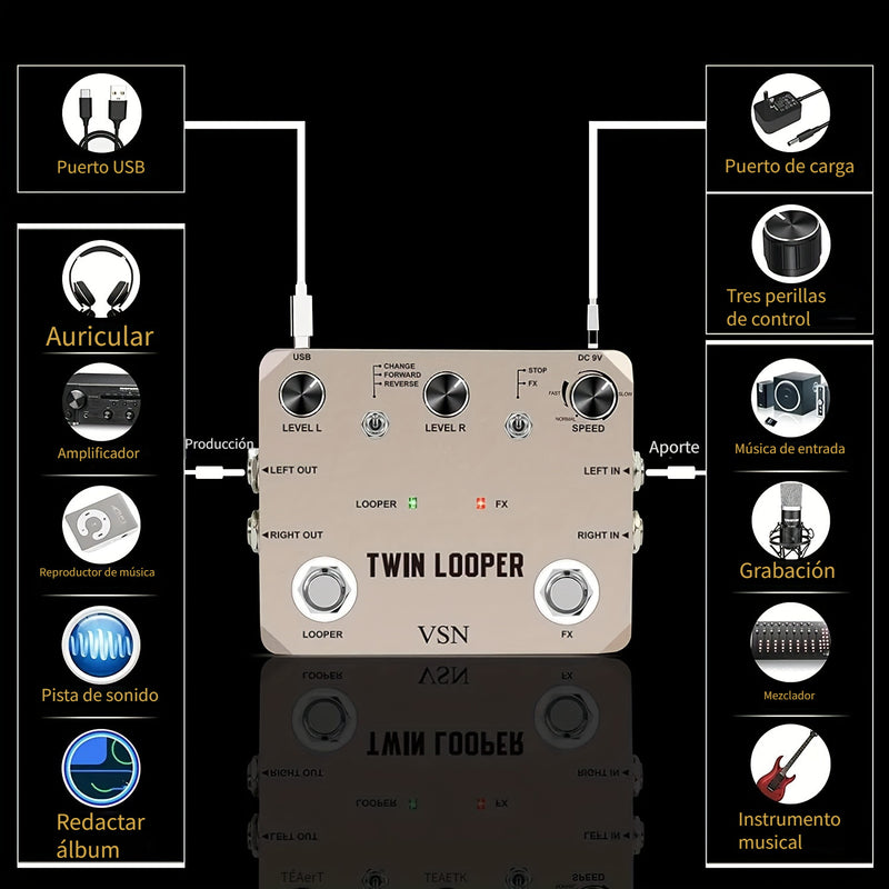 Pedal de Guitarra Eléctrica Twin Looper - Grabación de 10 Minutos, True Bypass, Sonido Analógico con 11 Efectos, Reproducción Inversa y Control de Movimiento Lento