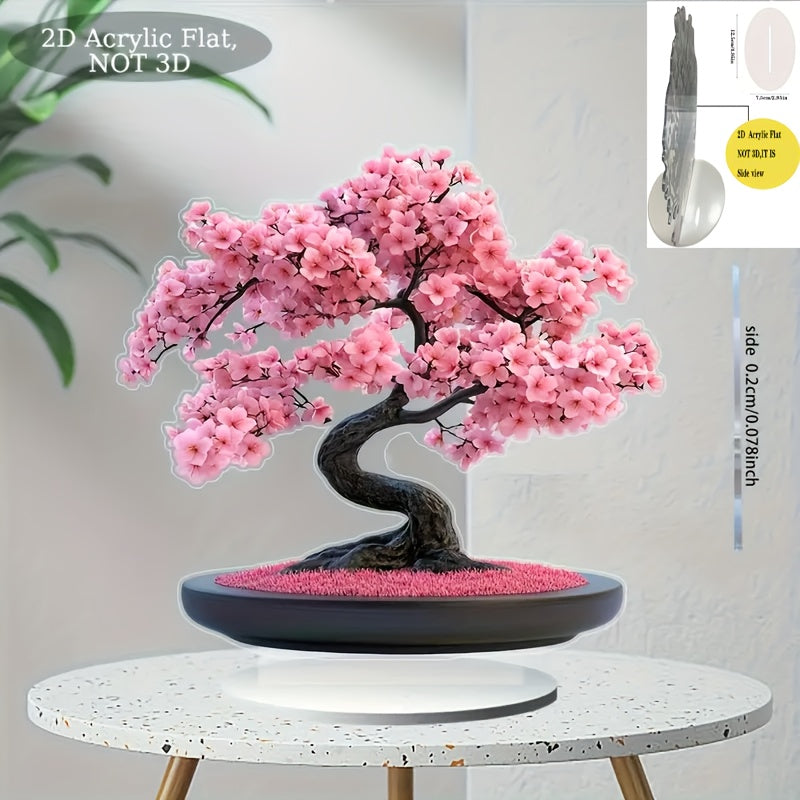 Árbol de Cerezo Acrílico 2D Plano - Tronco y Flores Rosas Vibrantes, Regalo para San Valentín, Decoración de Escritorio para Hogar/Oficina, Arte Floral Contemporáneo, Sin Montaje Necesario