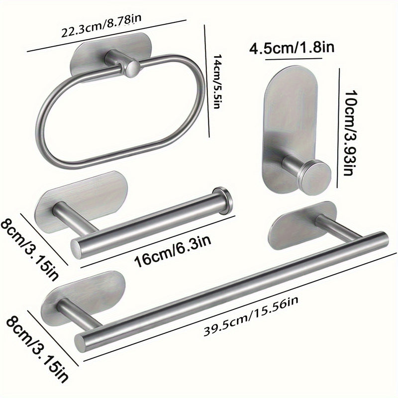Juego de 4 piezas de accesorios para baño de acero inoxidable, portarrollos de papel higiénico y toallero montados en la pared, resistentes al óxido, sin necesidad de taladrar, fácil instalación, diseño moderno y elegante para baños contemporáneos