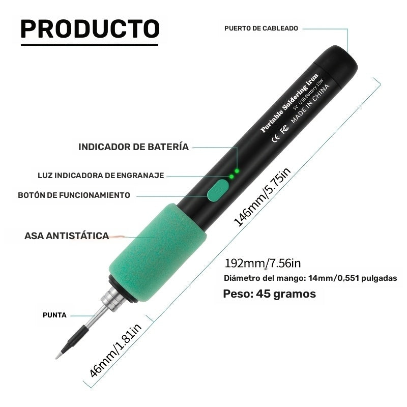 1pc Pluma de soldadura USB recargable, kit de herramienta de soldadura portátil de 15W con control de temperatura ajustable, agarre antideslizante, material de PVC, compatible con PCs e instrumentos eléctricos, batería de polímero de litio de 650mAh, no