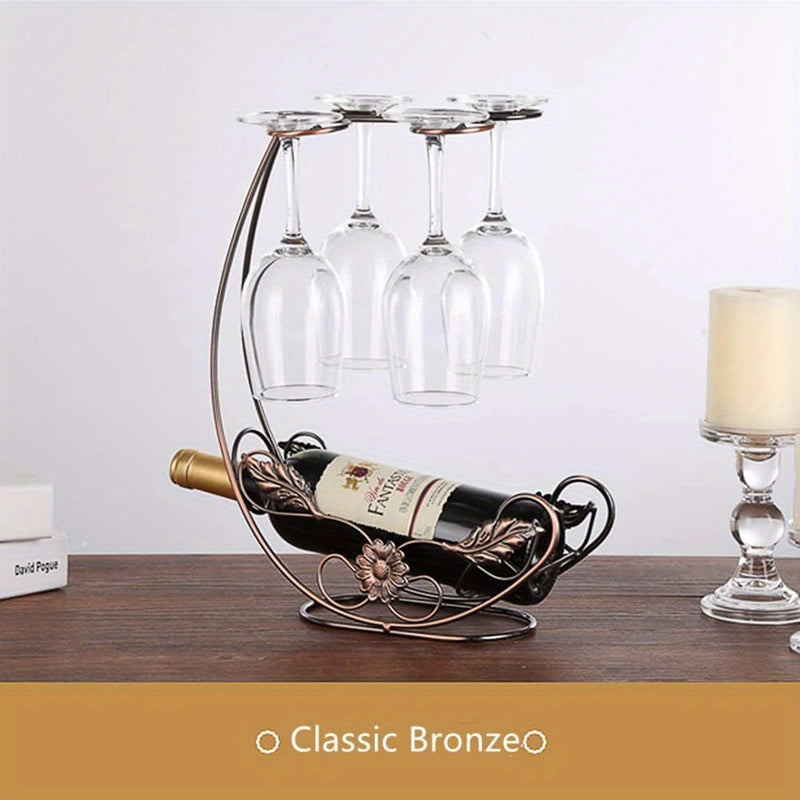 Soporte de botella de vino vintage y vaso con diseño metálico ornamentado - Alberga 1 botella y 4 vasos con tallo, ideal para decoración del hogar, fiestas y regalos de vacaciones, decoración de botella de vino.