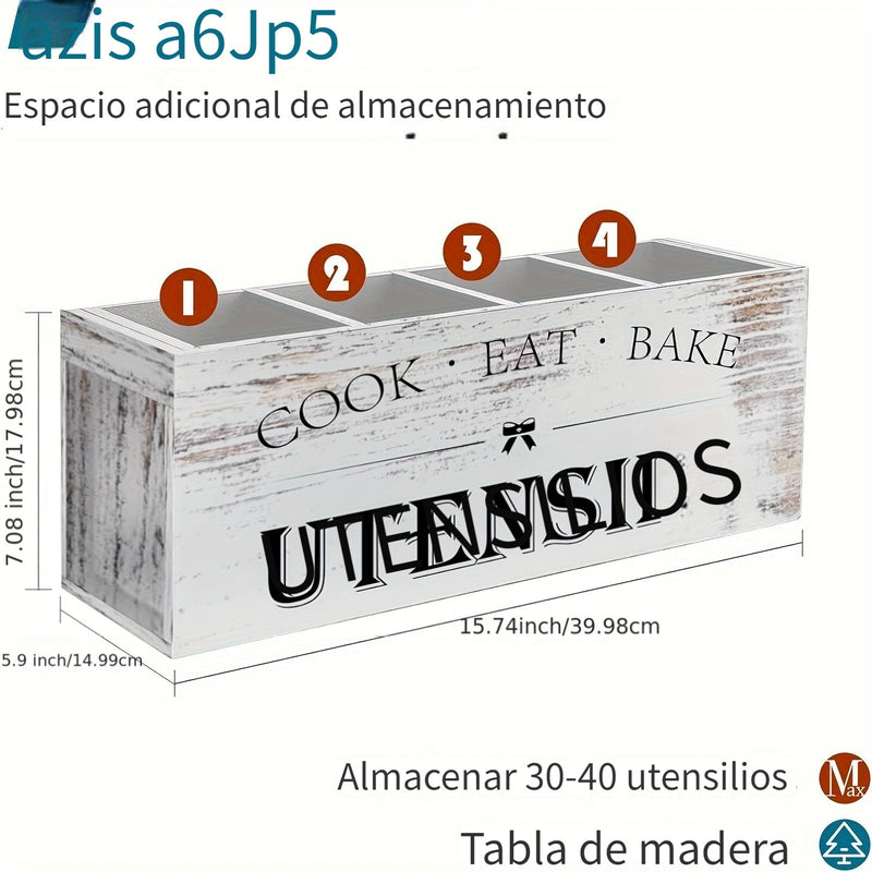 Porta utensilios de cocina de madera extra grande - Organizador de 4 compartimentos de decoración de granja rústica para encimera, cesta de madera barnizada ligera con diseño de montaje de tensión