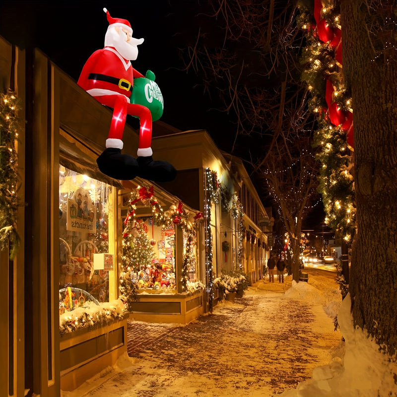 Papá Noel inflable en el techo con bolsa verde decoración de jardín, tema de vacaciones de Navidad, material de poliuretano, con luces LED, para montaje en techo, alimentado por enchufe de 120V EE. UU.