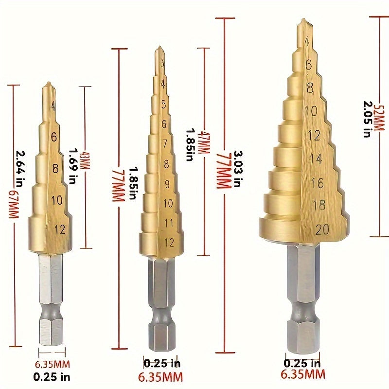 Juego de brocas escalonadas HSS con recubrimiento de titanio en varios tamaños, ideales para perforación precisa en madera y metal, eficientes y versátiles