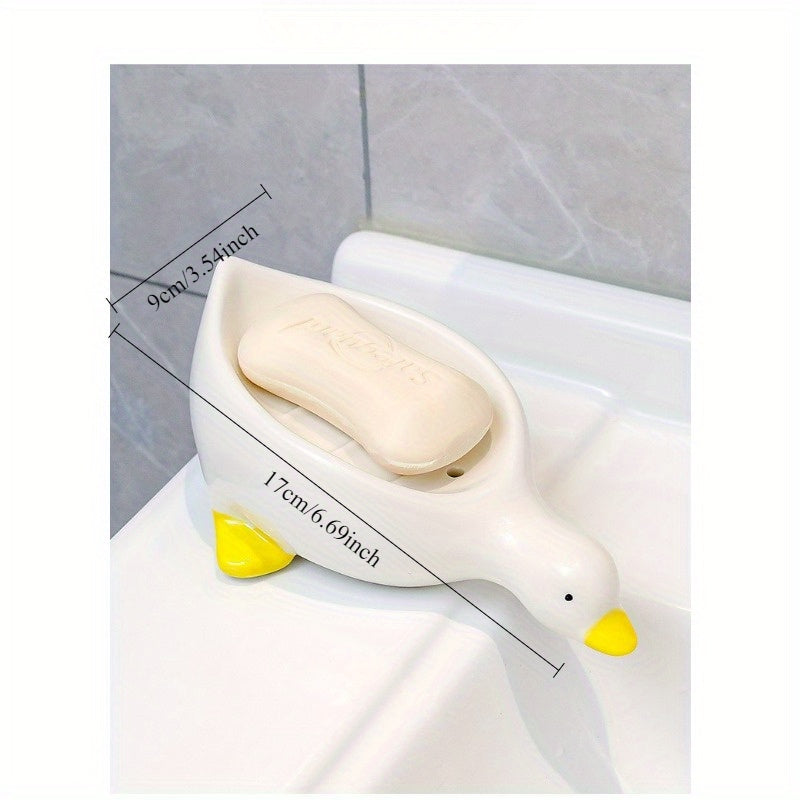 1pc Jabonera con Forma de Pato y Bandeja Ovalada Autodrenante - Accesorio para Baño Blanco y Amarillo, Plástico Duradero para Secado Rápido del Jabón y Soporte para Barras, Organizador Decorativo de Baño, Diseño Divertido | Diseño Efectivo de Drenaje