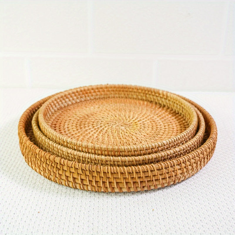 Cesta de frutas tejida a mano de rafia - Bandeja redonda de madera natural con patrón de cuadros, segura para alimentos, decoración de cocina y comedor para Halloween, Navidad, Pascua, Acción de Gracias, Hanukkah, idea de regalo de Acción de Gracias, dec