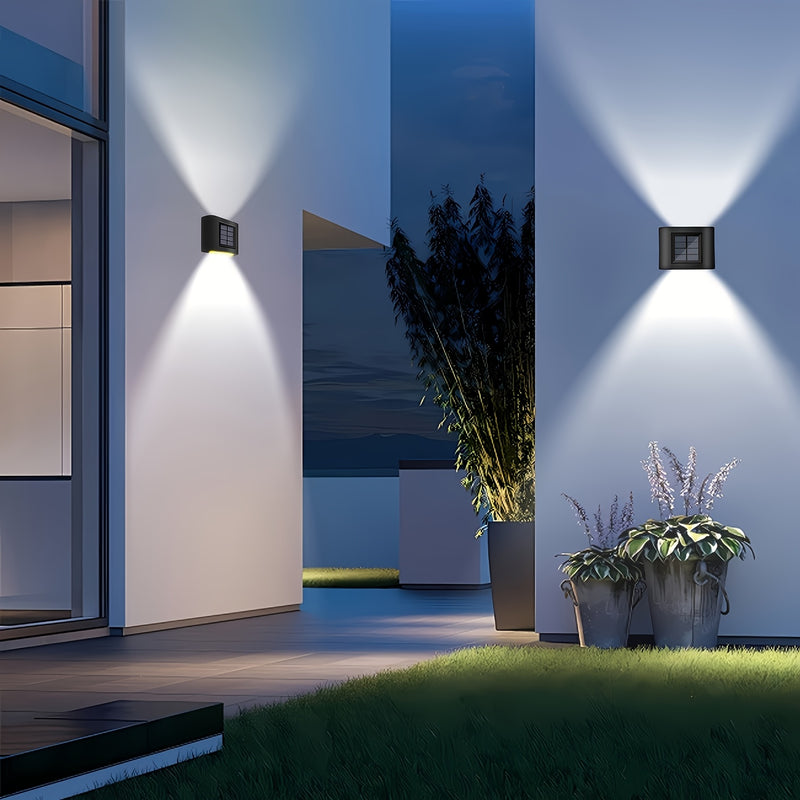 Lámpara solar de pared con 6 LED, luz cálida/blanca, sensor de luz, ideal para jardín, porche, escaleras y caminos, con batería de níquel recargable, iluminación exterior moderna
