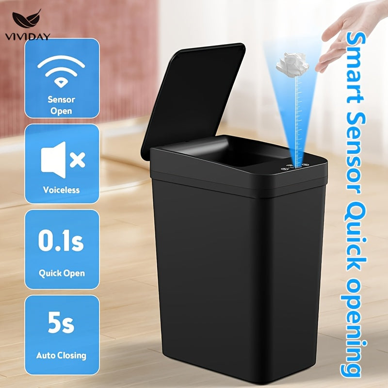 VIVIDAY 10L Bote de Basura Inteligente con Tapa - Negro, con Batería, Operación sin Contacto para Hogar, Oficina, Cocina y Dormitorio - Ideal para Baño Moderno y Decoración para el Hogar, Accesorio de Baño Moderno | Bote de Basura Elegante | Operación si